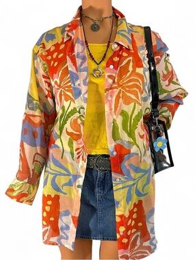 Club Z Collection Sheer Floral Button Down Blouse 2X Colorful Cover Up